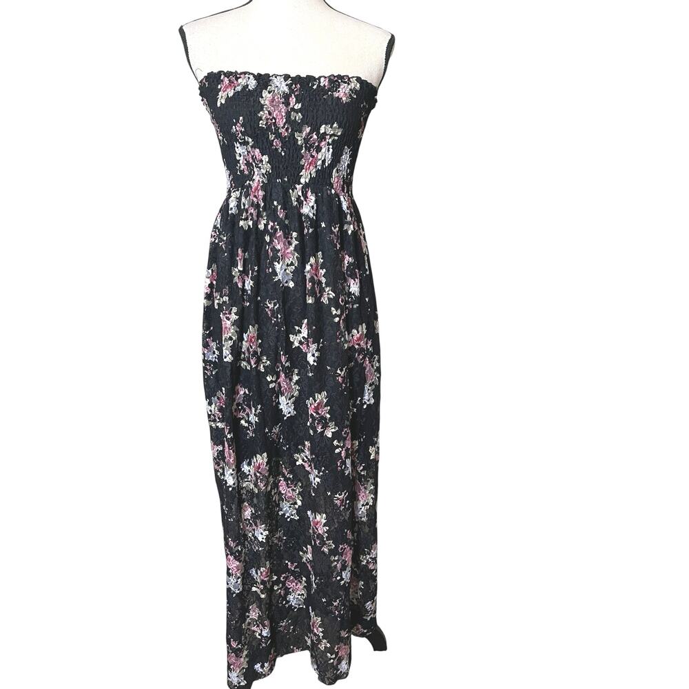 Y2K Rue 21 Black Floral Lace Mesh Strapless Smocked Maxi Dress Size M Whimsigoth